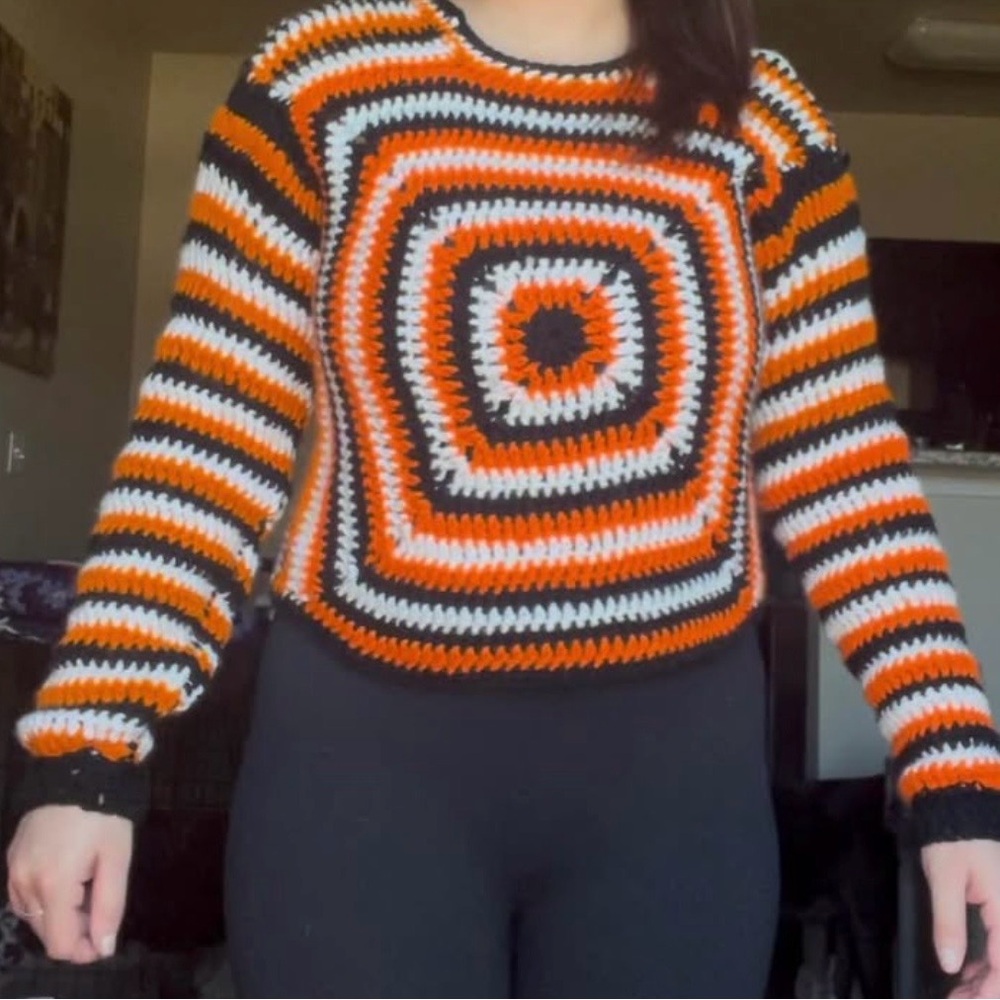 Handmade Crocheted Square-Panel Sweater in Orange, Black & White